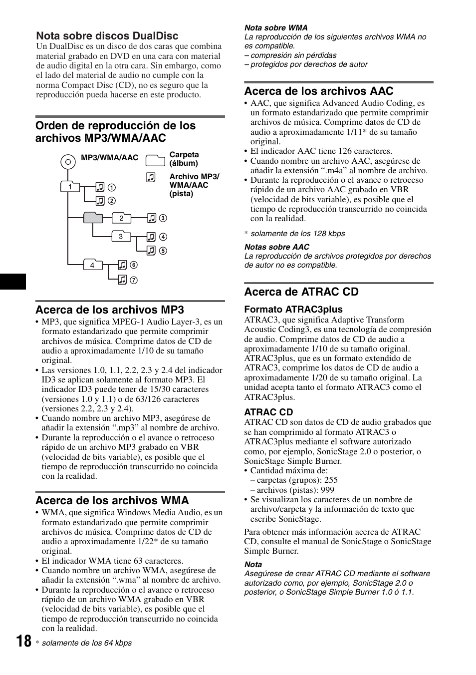 Orden de reproducción de los archivos mp3/wma/aac, Acerca de los archivos mp3, Acerca de los archivos wma | Acerca de los archivos aac, Acerca de atrac cd, Orden de reproducción de los archivos | Sony CDX-H905iP User Manual | Page 64 / 136