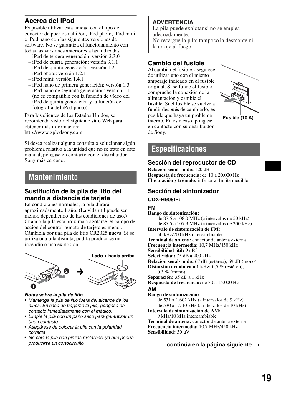 Acerca del ipod, Mantenimiento, Especificaciones | Mantenimiento especificaciones | Sony CDX-H905iP User Manual | Page 65 / 136