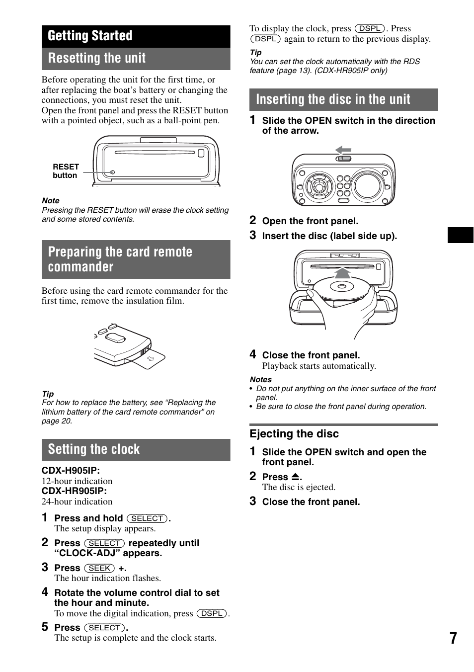 Getting started, Resetting the unit, Preparing the card remote commander | Setting the clock, Inserting the disc in the unit, Ejecting the disc, Getting started resetting the unit | Sony CDX-H905iP User Manual | Page 7 / 136