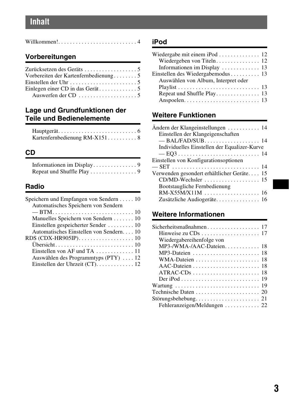 Inhalt | Sony CDX-H905iP User Manual | Page 71 / 136