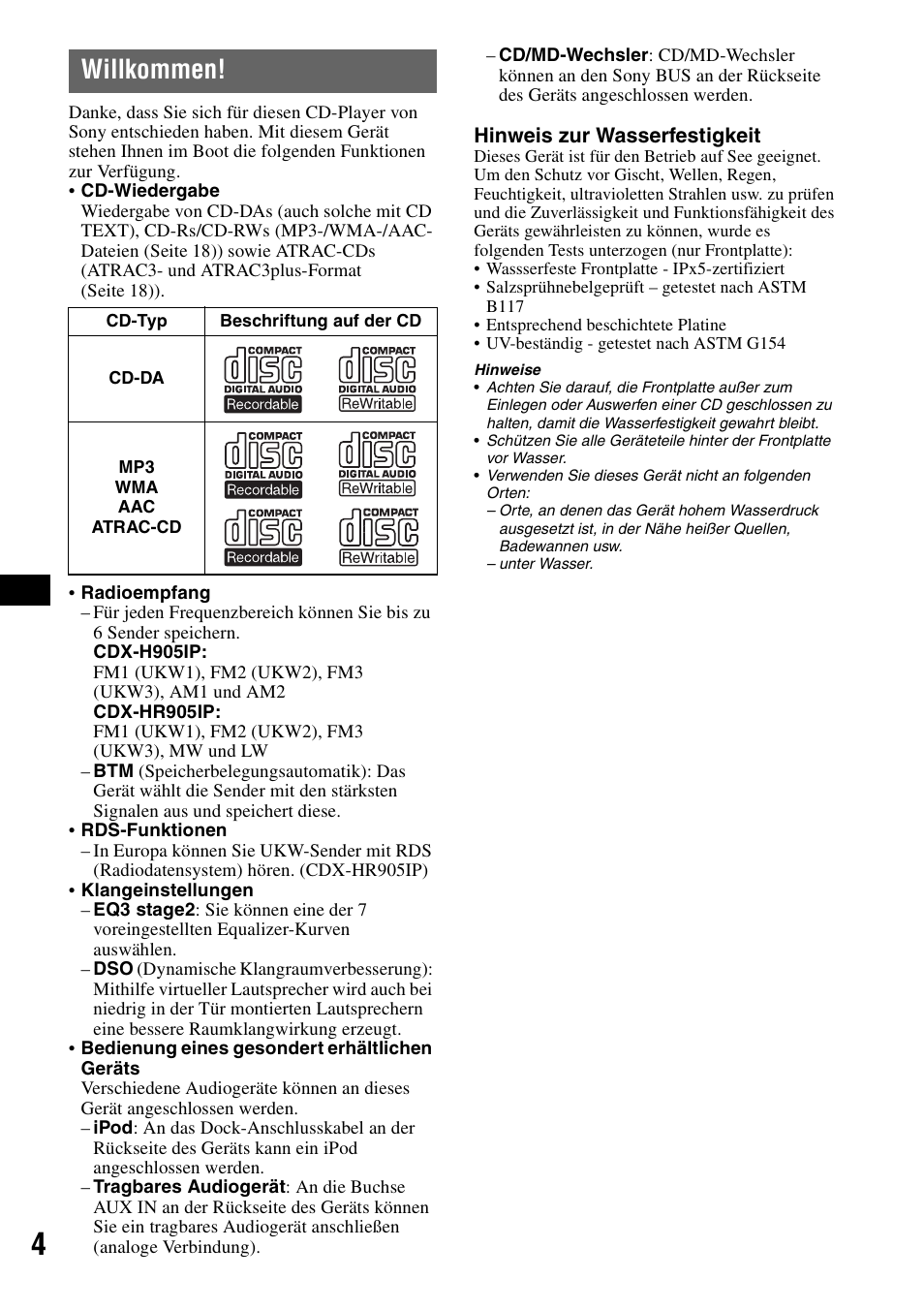 Willkommen | Sony CDX-H905iP User Manual | Page 72 / 136