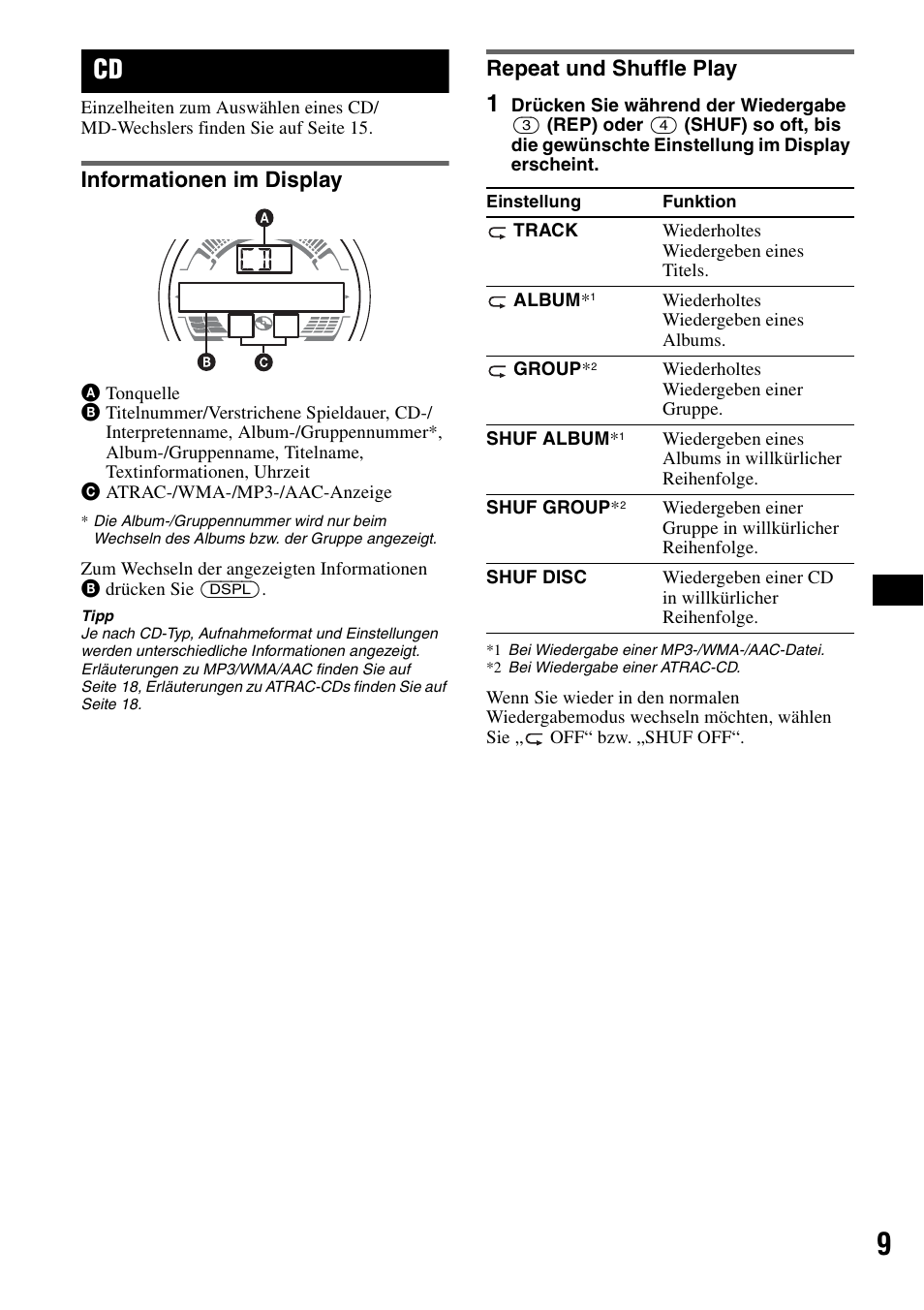 Informationen im display, Repeat und shuffle play, Informationen im display repeat und shuffle play | Ep seite 9, Seite 9 | Sony CDX-H905iP User Manual | Page 77 / 136