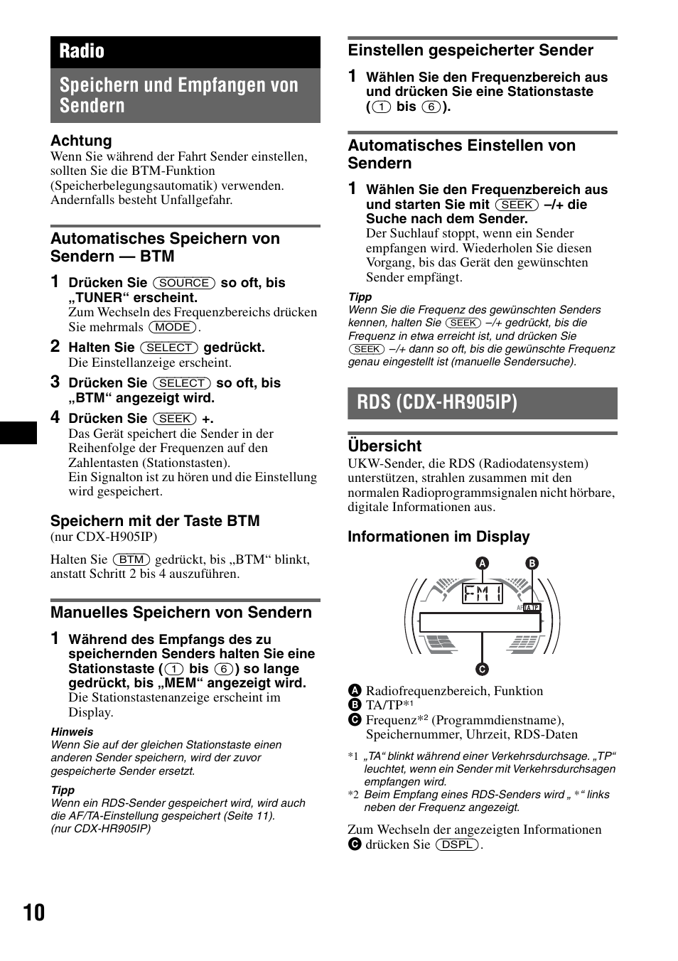 Radio, Speichern und empfangen von sendern, Automatisches speichern von sendern - btm | Manuelles speichern von sendern, Einstellen gespeicherter sender, Automatisches einstellen von sendern, Rds (cdx-hr905ip), Übersicht, Automatisches speichern von sendern, Seite 10 | Sony CDX-H905iP User Manual | Page 78 / 136