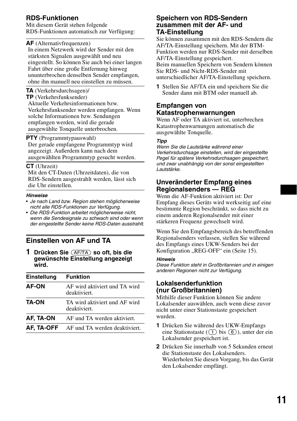Einstellen von af und ta, Seite 11 | Sony CDX-H905iP User Manual | Page 79 / 136