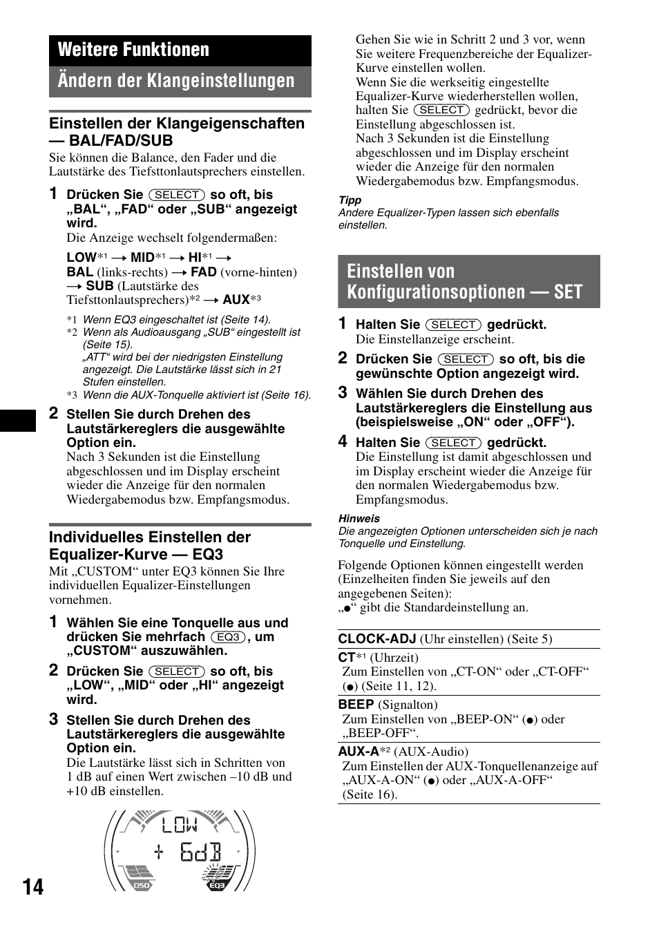 Weitere funktionen, Ändern der klangeinstellungen, Einstellen der klangeigenschaften - bal/fad/sub | Individuelles einstellen der equalizer-kurve - eq3, Einstellen von konfigurationsoptionen - set, Einstellen der klangeigenschaften, Einstellen von konfigurationsoptionen, Seite 14, Weitere funktionen ändern der klangeinstellungen, Einstellen von konfigurationsoptionen — set | Sony CDX-H905iP User Manual | Page 82 / 136