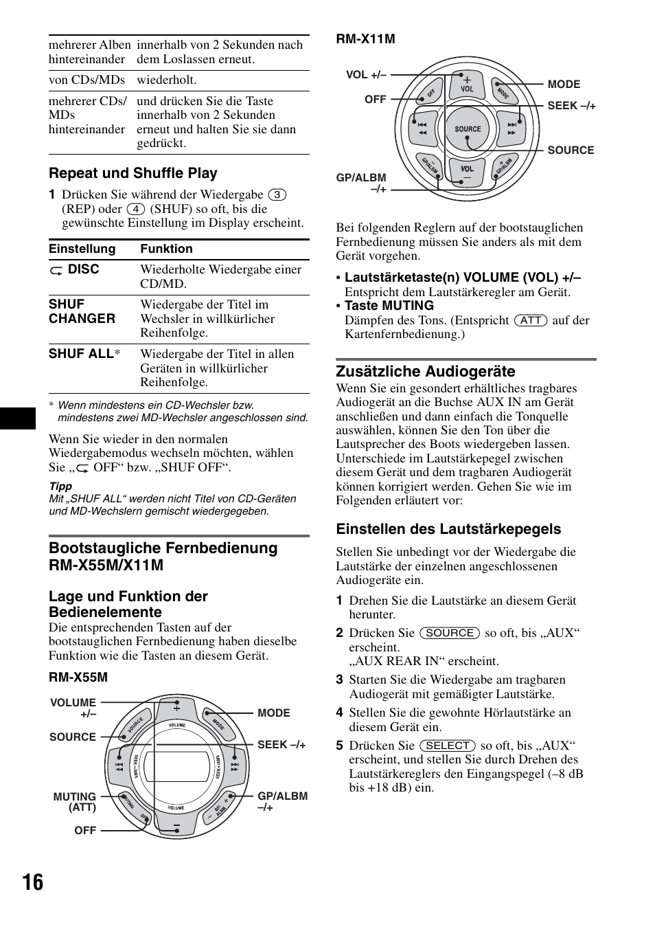 Bootstaugliche fernbedienung rm-x55m/x11m, Zusätzliche audiogeräte, Bootstaugliche fernbedienung | Rm-x55m/x11m zusätzliche audiogeräte, T (seite 16), Seite 16) | Sony CDX-H905iP User Manual | Page 84 / 136