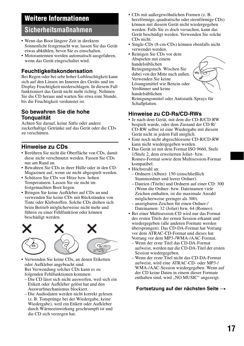 Weitere informationen, Sicherheitsmaßnahmen, Hinweise zu cds | Weitere informationen sicherheitsmaßnahmen | Sony CDX-H905iP User Manual | Page 85 / 136