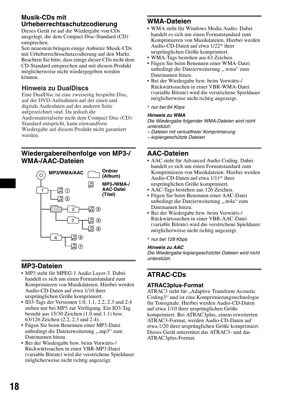 Wiedergabereihenfolge von mp3-/ wma-/aac-dateien, Mp3-dateien, Wma-dateien | Aac-dateien, Atrac-cds, Wiedergabereihenfolge von | Sony CDX-H905iP User Manual | Page 86 / 136