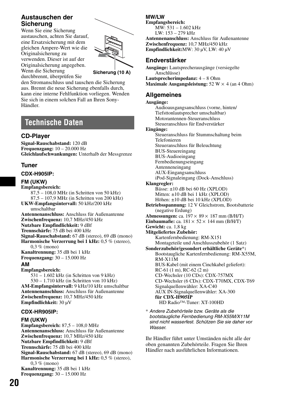 Technische daten, Austauschen der sicherung | Sony CDX-H905iP User Manual | Page 88 / 136