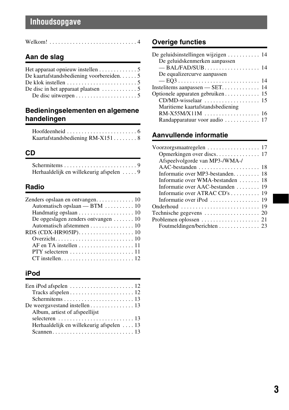 Inhoudsopgave | Sony CDX-H905iP User Manual | Page 93 / 136
