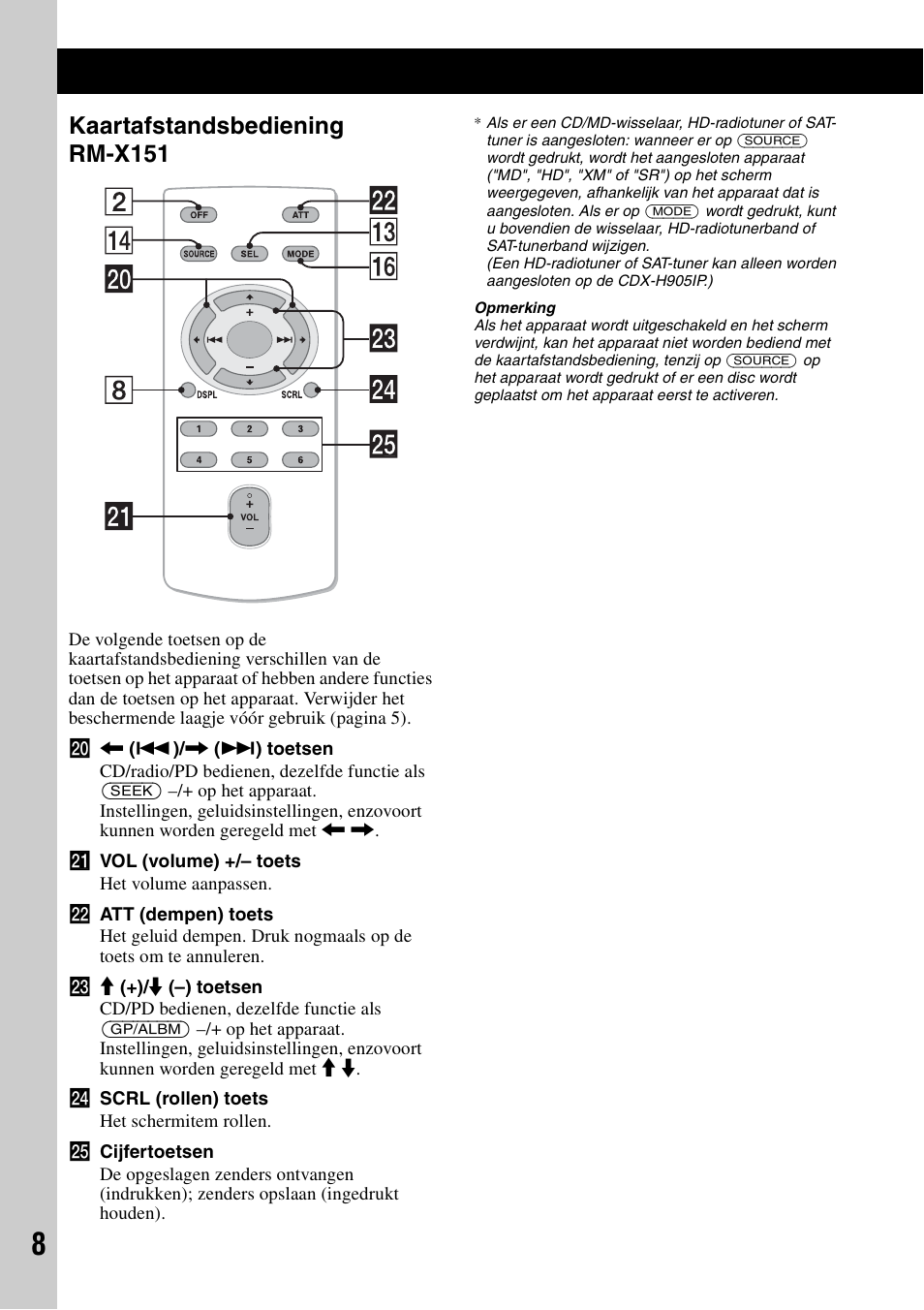 Kaartafstandsbediening rm-x151 | Sony CDX-H905iP User Manual | Page 98 / 136