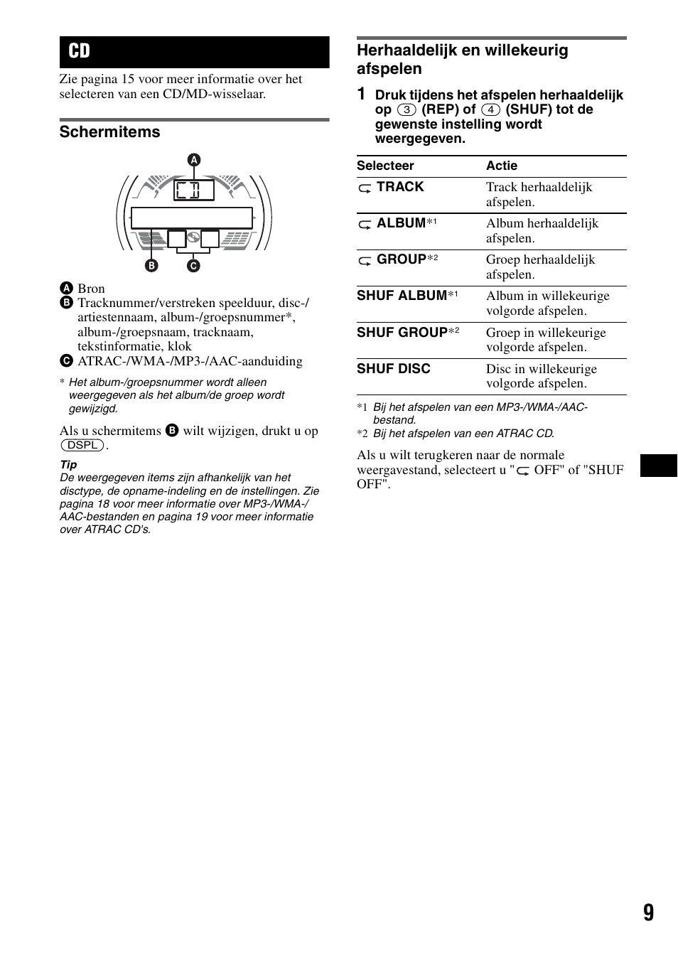 Schermitems, Herhaaldelijk en willekeurig afspelen, Schermitems herhaaldelijk en willekeurig afspelen | Sony CDX-H905iP User Manual | Page 99 / 136