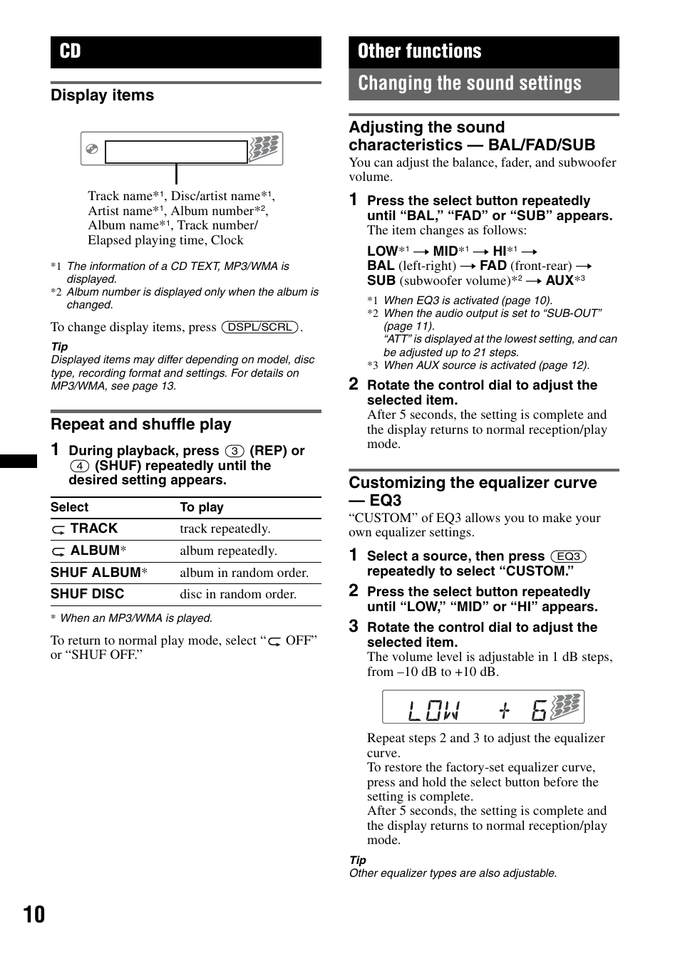 Display items, Repeat and shuffle play, Other functions | Changing the sound settings, Adjusting the sound characteristics — bal/fad/sub, Customizing the equalizer curve — eq3, Display items repeat and shuffle play, Other functions changing the sound settings | Sony CDX-GT240 User Manual | Page 10 / 84