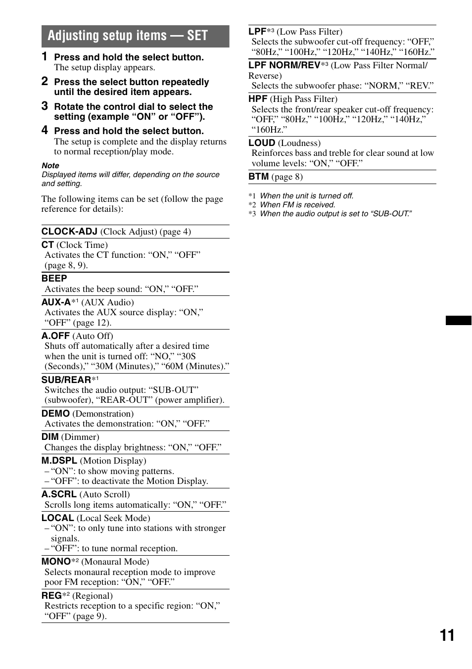 Adjusting setup items — set | Sony CDX-GT240 User Manual | Page 11 / 84