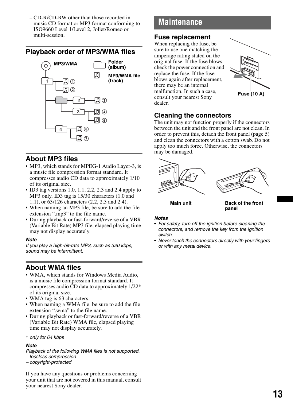 Playback order of mp3/wma files, About mp3 files, About wma files | Maintenance, Playback order of mp3/wma files about mp3 files, Fuse replacement, Cleaning the connectors | Sony CDX-GT240 User Manual | Page 13 / 84