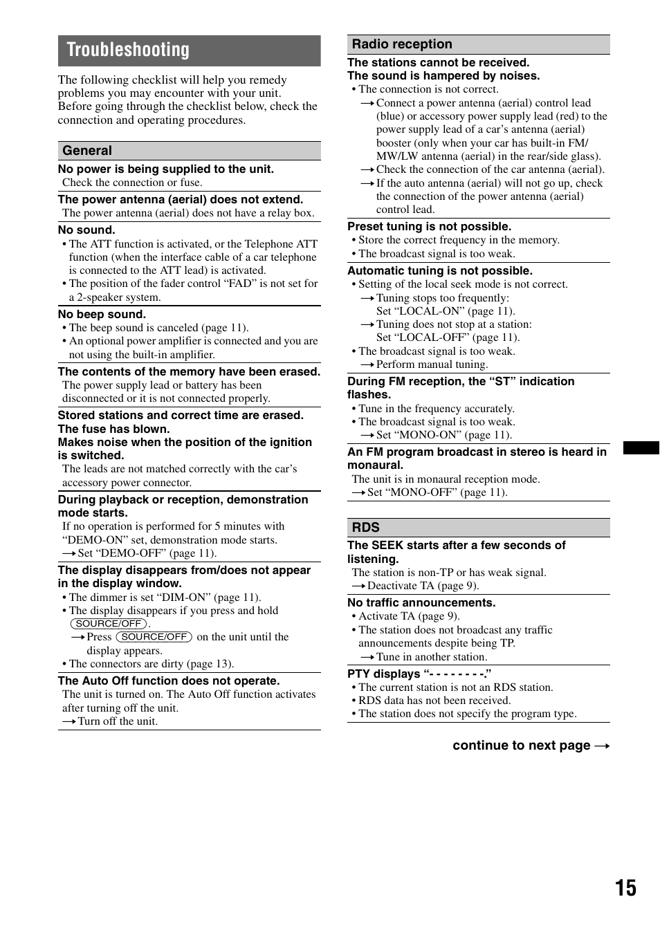 Troubleshooting | Sony CDX-GT240 User Manual | Page 15 / 84