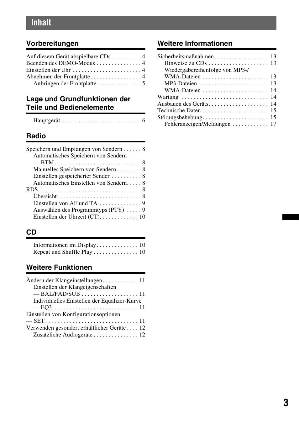 Inhalt | Sony CDX-GT240 User Manual | Page 19 / 84