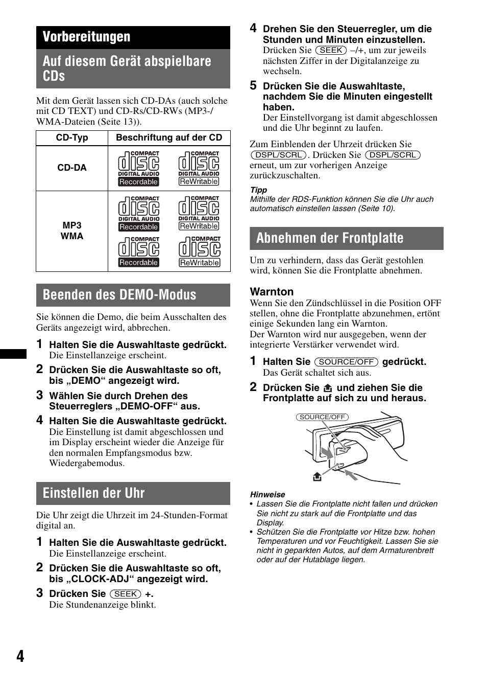 Vorbereitungen, Auf diesem gerät abspielbare cds, Beenden des demo-modus | Einstellen der uhr, Abnehmen der frontplatte, Seite 4 nach, Vorbereitungen auf diesem gerät abspielbare cds | Sony CDX-GT240 User Manual | Page 20 / 84