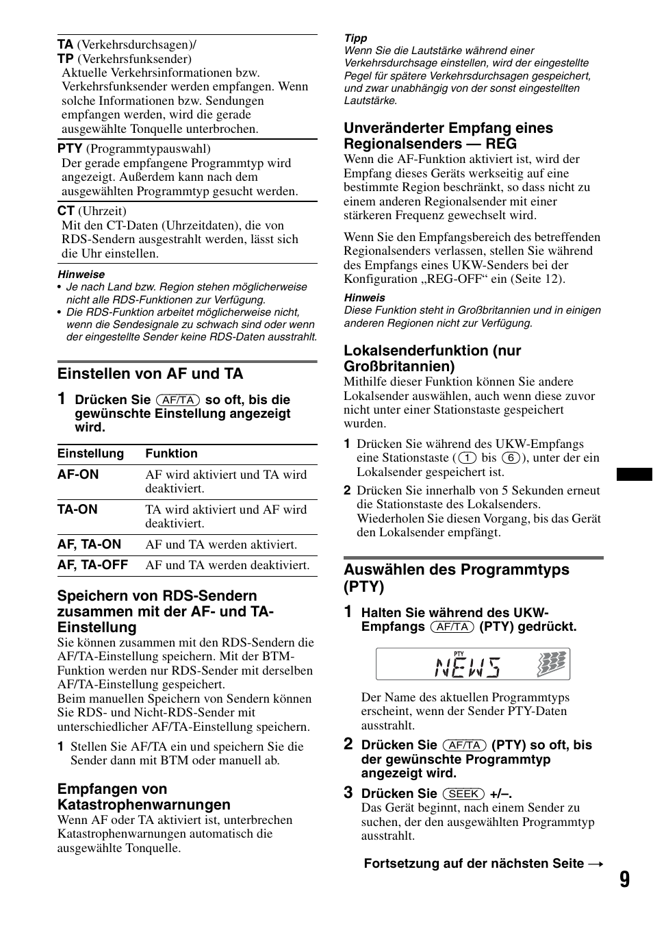 Einstellen von af und ta, Auswählen des programmtyps (pty) | Sony CDX-GT240 User Manual | Page 25 / 84