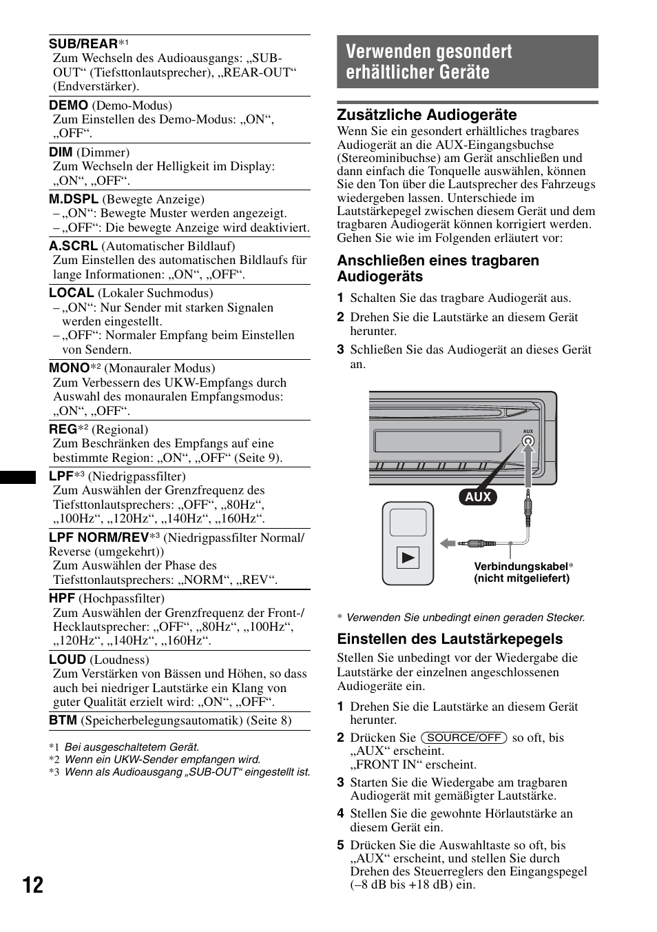 Verwenden gesondert erhältlicher geräte, Zusätzliche audiogeräte, Se seite 12 | Seite 12) | Sony CDX-GT240 User Manual | Page 28 / 84