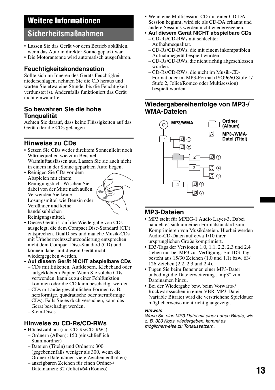 Weitere informationen, Sicherheitsmaßnahmen, Hinweise zu cds | Wiedergabereihenfolge von mp3-/wma-dateien, Mp3-dateien, Weitere informationen sicherheitsmaßnahmen | Sony CDX-GT240 User Manual | Page 29 / 84