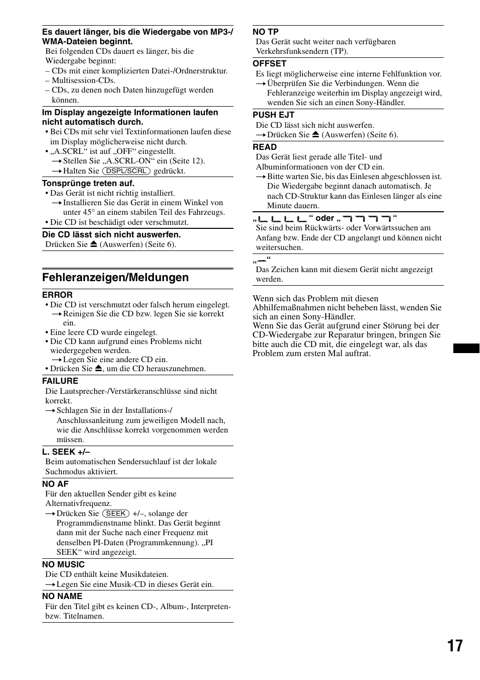 Fehleranzeigen/meldungen | Sony CDX-GT240 User Manual | Page 33 / 84