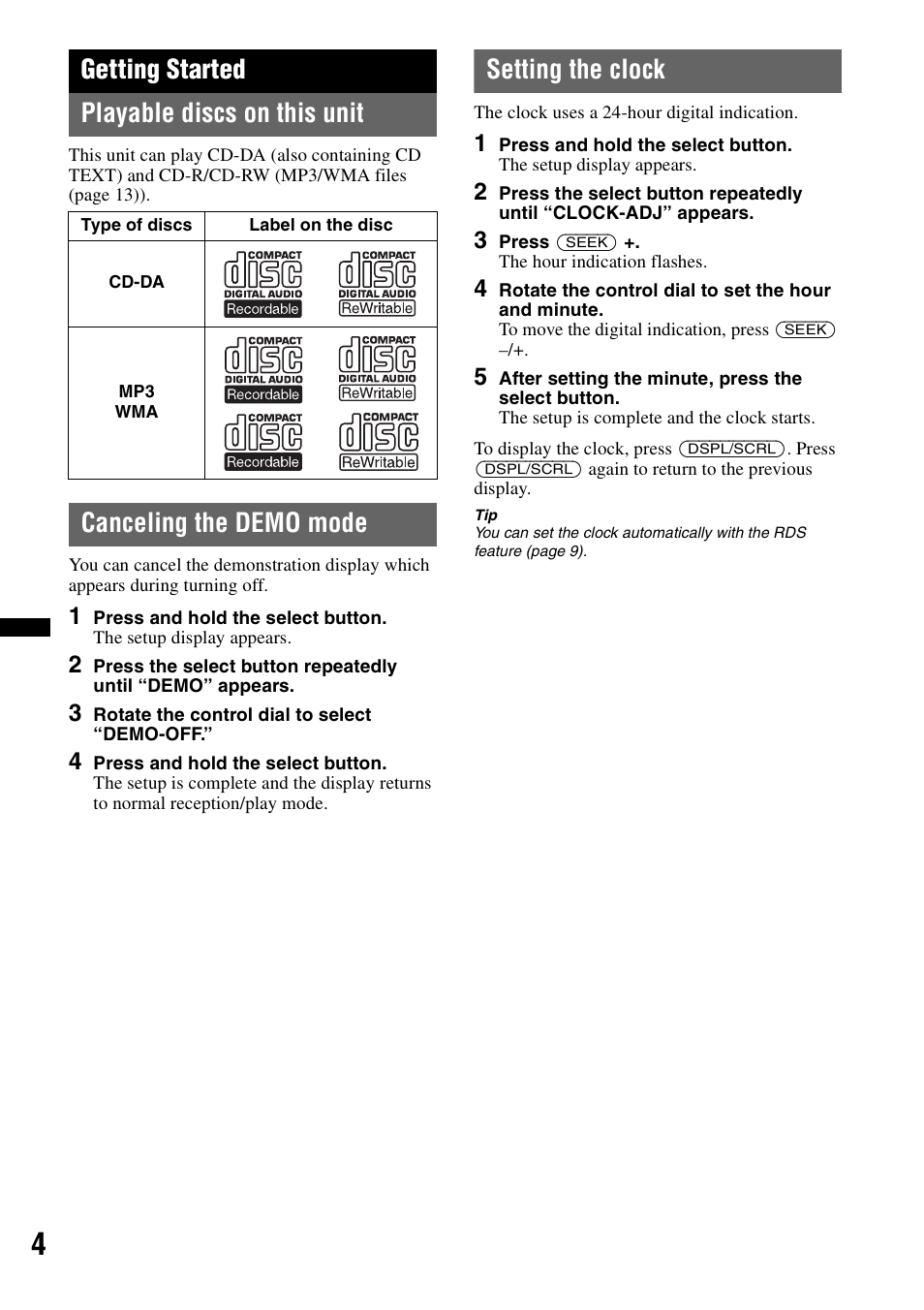 Getting started, Playable discs on this unit, Canceling the demo mode | Setting the clock, Getting started playable discs on this unit | Sony CDX-GT240 User Manual | Page 4 / 84