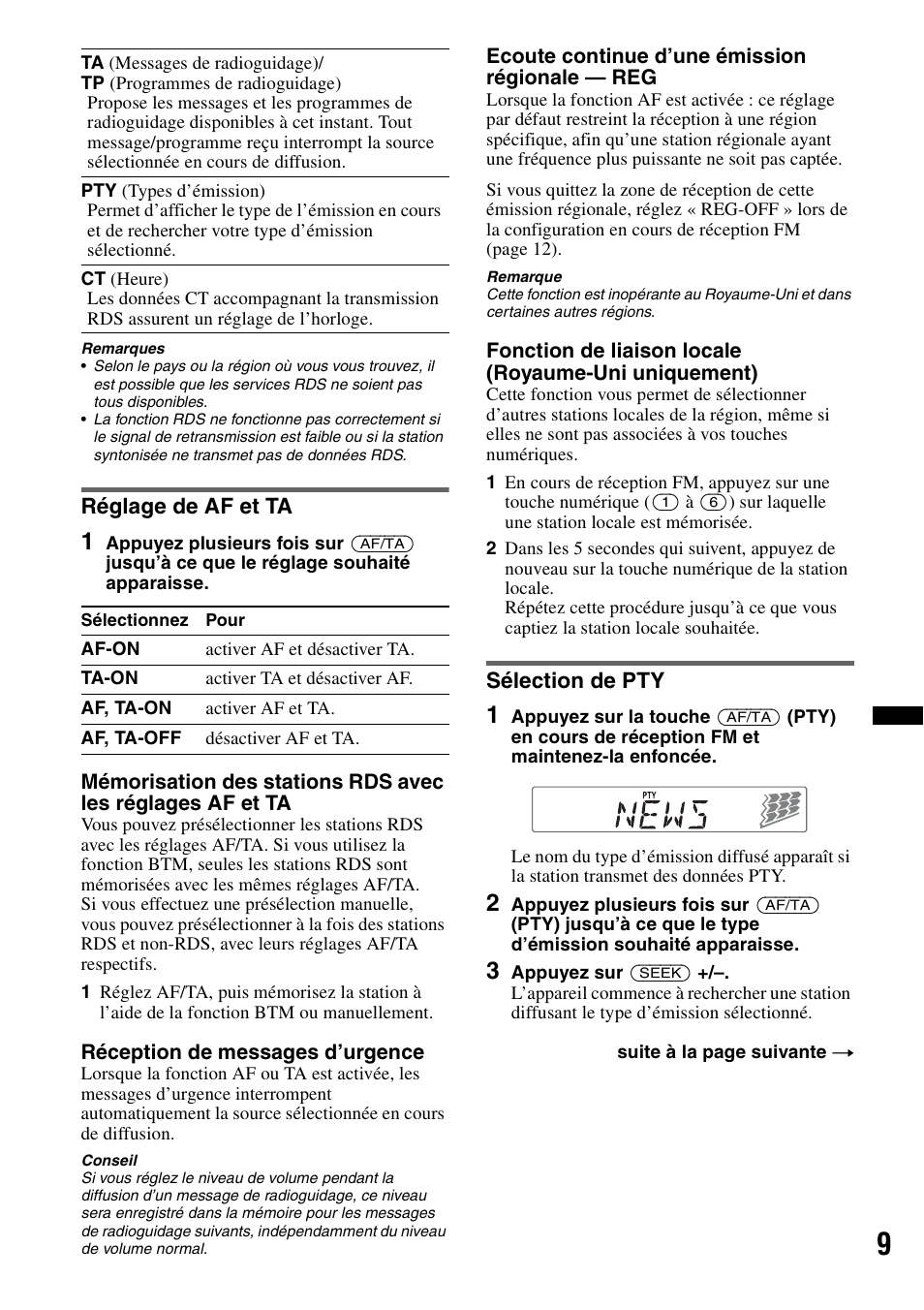 Réglage de af et ta, Sélection de pty, Réglage de af et ta sélection de pty | Sony CDX-GT240 User Manual | Page 41 / 84