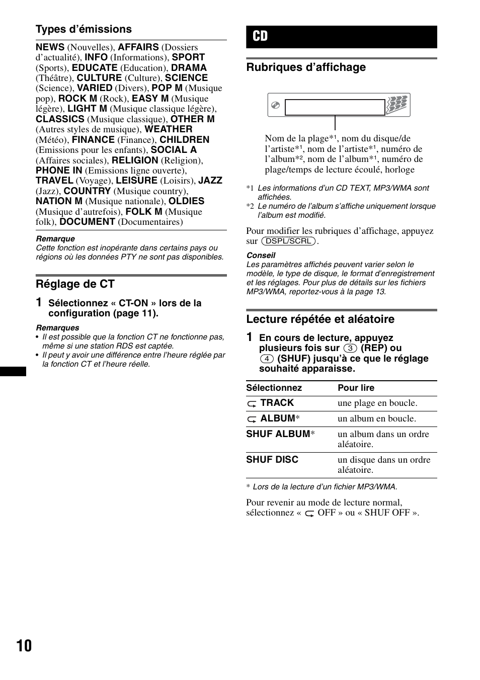 Réglage de ct, Rubriques d’affichage, Lecture répétée et aléatoire | Rubriques d’affichage lecture répétée et aléatoire | Sony CDX-GT240 User Manual | Page 42 / 84