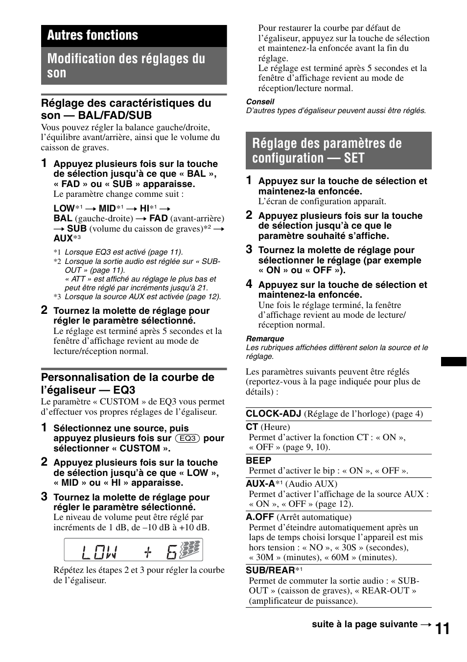 Autres fonctions, Modification des réglages du son, Réglage des caractéristiques du son — bal/fad/sub | Personnalisation de la courbe de l’égaliseur — eq3, Réglage des paramètres de configuration — set, Autres fonctions modification des réglages du son | Sony CDX-GT240 User Manual | Page 43 / 84