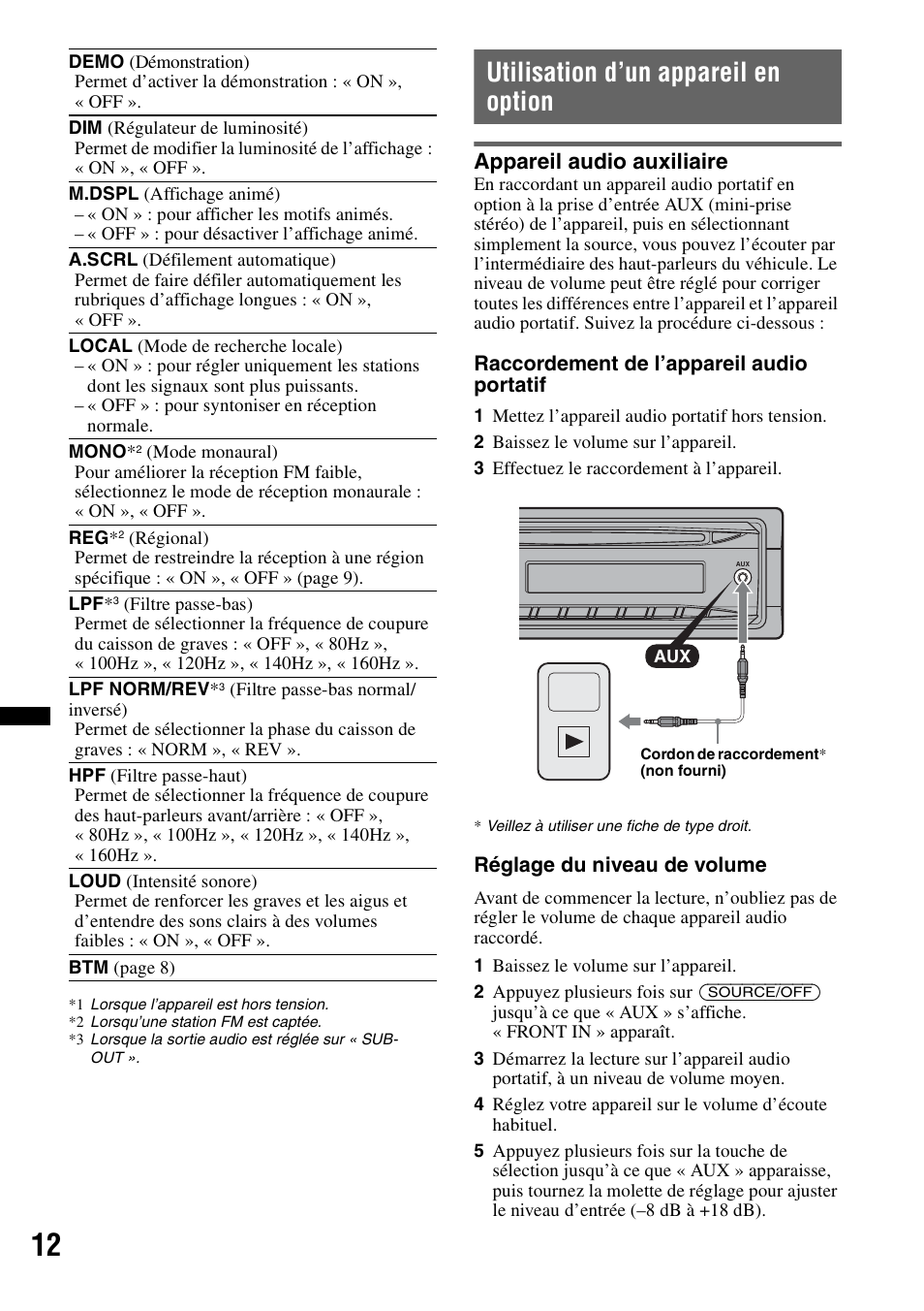 Utilisation d’un appareil en option, Appareil audio auxiliaire | Sony CDX-GT240 User Manual | Page 44 / 84