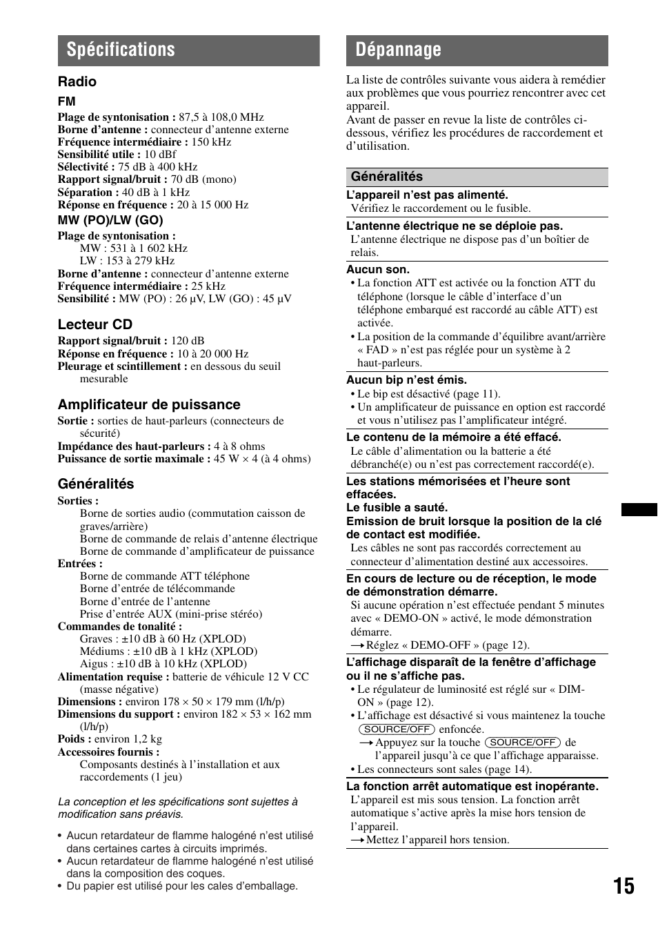 Spécifications, Dépannage, Spécifications dépannage | Sony CDX-GT240 User Manual | Page 47 / 84