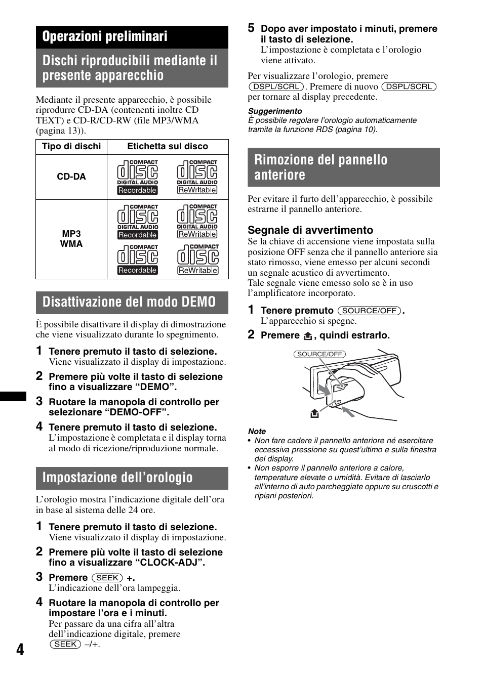 Operazioni preliminari, Disattivazione del modo demo, Impostazione dell’orologio | Rimozione del pannello anteriore | Sony CDX-GT240 User Manual | Page 52 / 84
