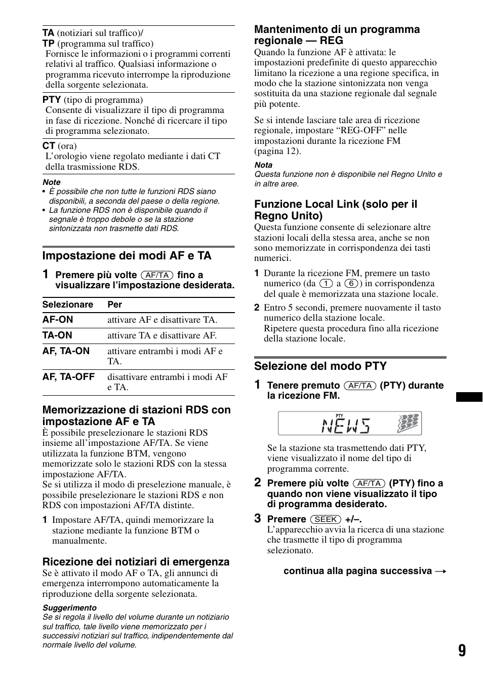 Impostazione dei modi af e ta, Selezione del modo pty | Sony CDX-GT240 User Manual | Page 57 / 84