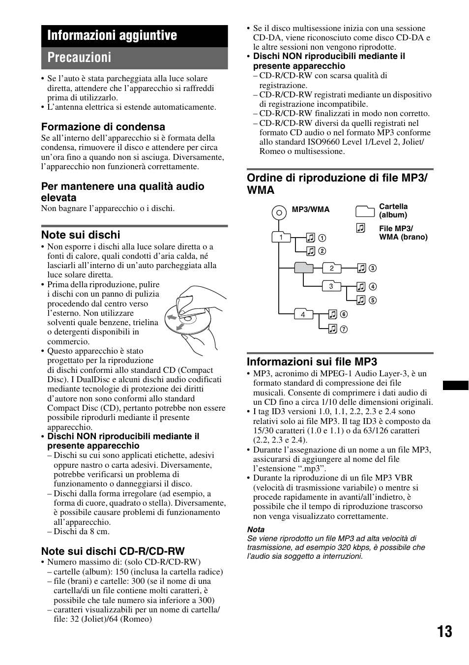 Informazioni aggiuntive, Precauzioni, Note sui dischi | Ordine di riproduzione di file mp3/wma, Informazioni sui file mp3, Informazioni aggiuntive precauzioni | Sony CDX-GT240 User Manual | Page 61 / 84