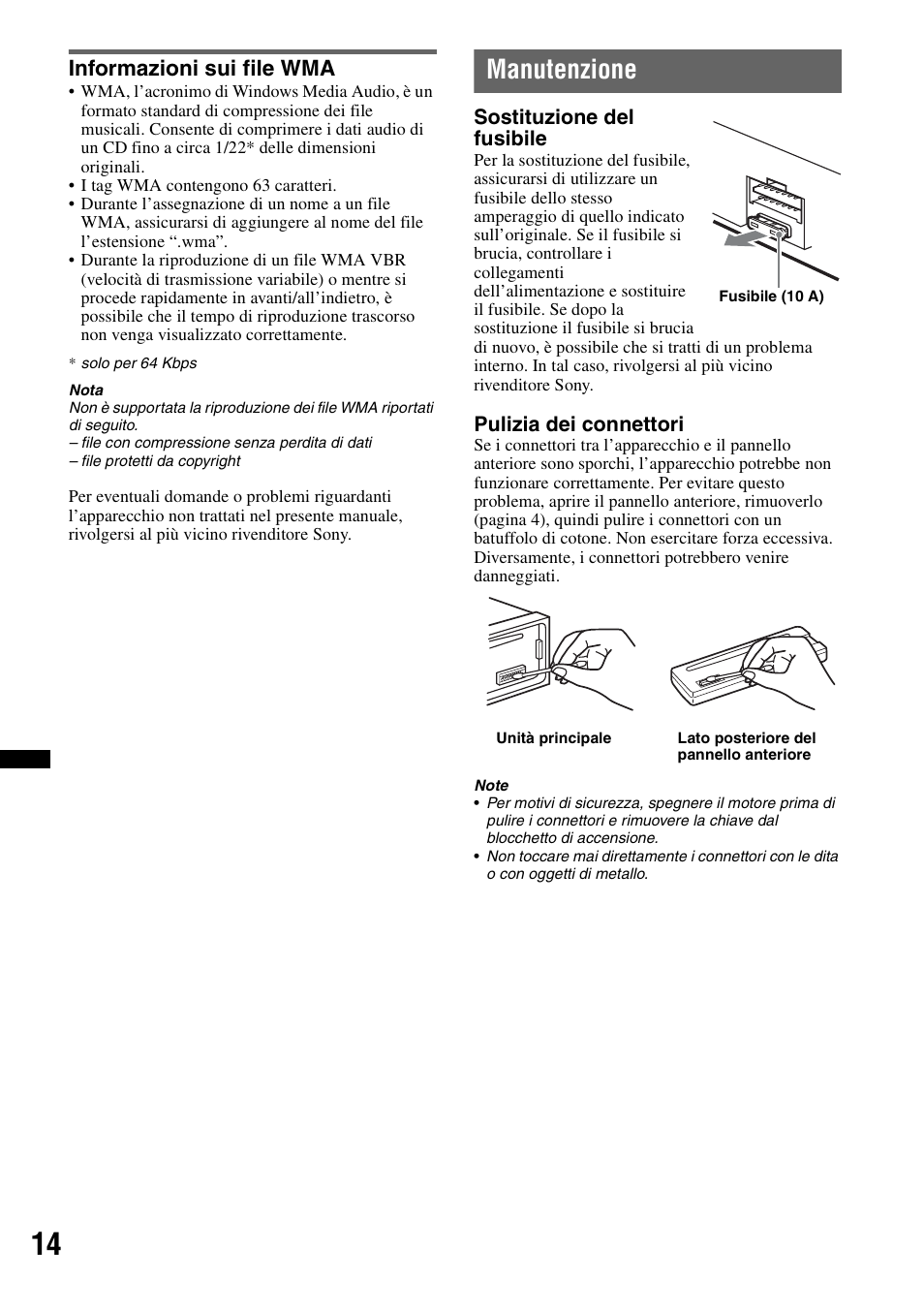 Informazioni sui file wma, Manutenzione | Sony CDX-GT240 User Manual | Page 62 / 84