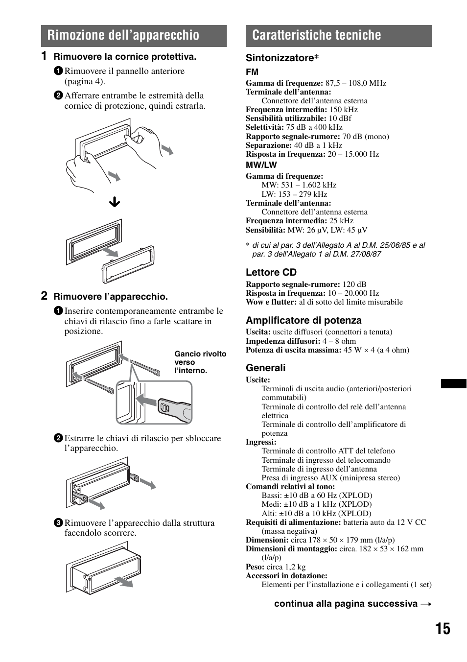 Rimozione dell’apparecchio, Caratteristiche tecniche | Sony CDX-GT240 User Manual | Page 63 / 84