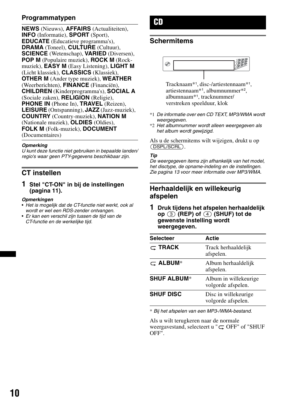 Ct instellen, Schermitems, Herhaaldelijk en willekeurig afspelen | Schermitems herhaaldelijk en willekeurig afspelen | Sony CDX-GT240 User Manual | Page 74 / 84