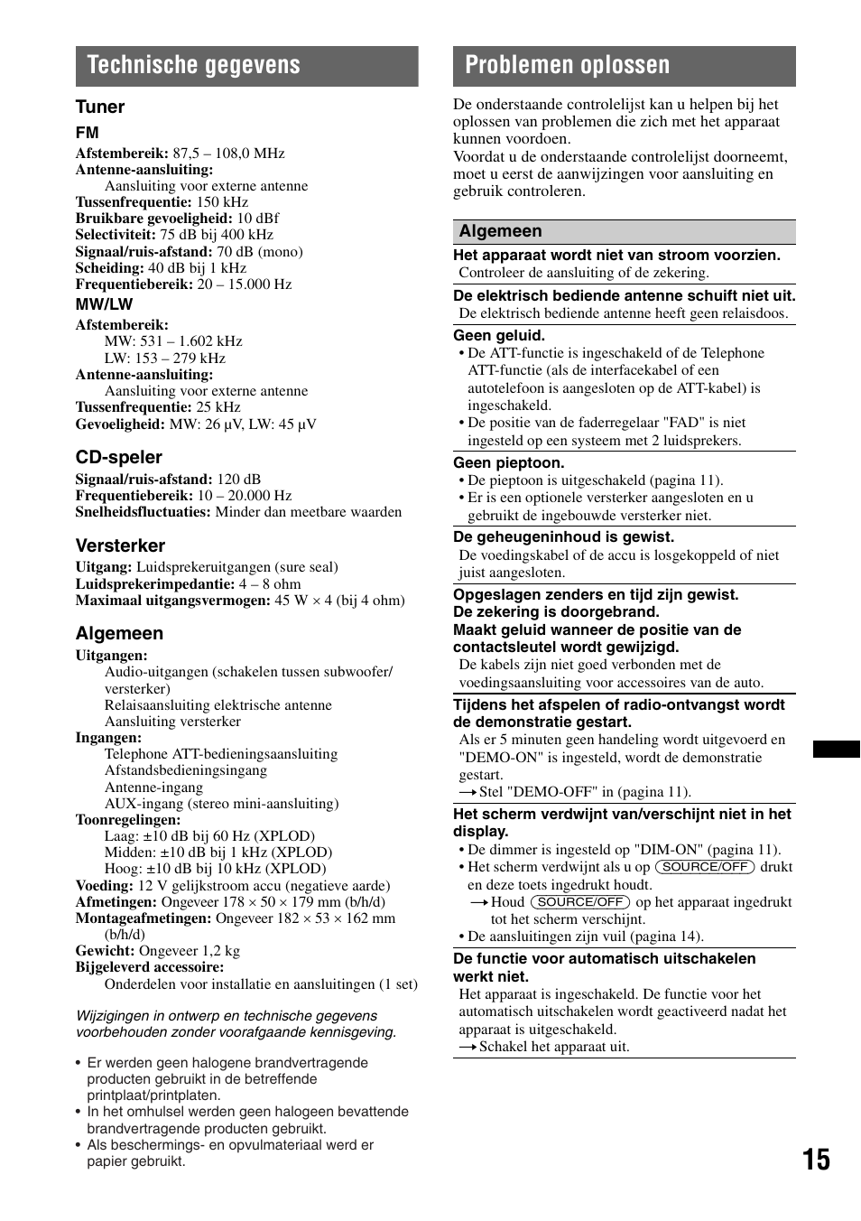 Technische gegevens, Problemen oplossen, Technische gegevens problemen oplossen | Sony CDX-GT240 User Manual | Page 79 / 84