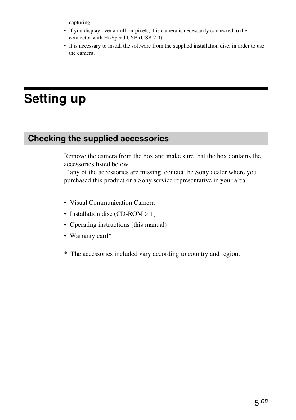 Setting up, Checking the supplied accessories | Sony VGP-UVC100 User Manual | Page 23 / 103