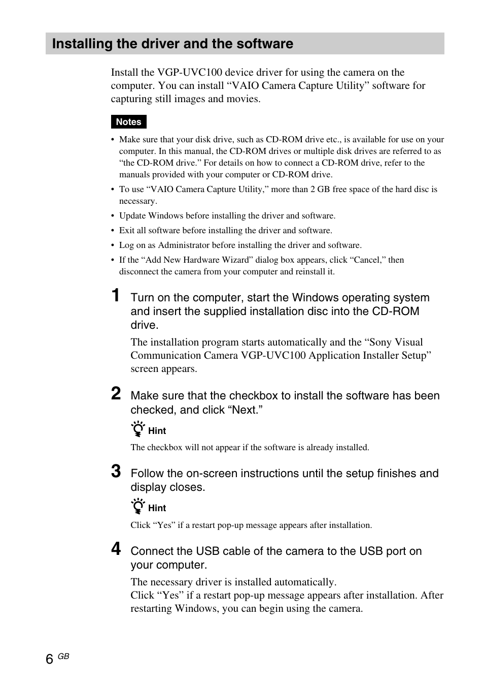 Installing the driver and the software | Sony VGP-UVC100 User Manual | Page 24 / 103