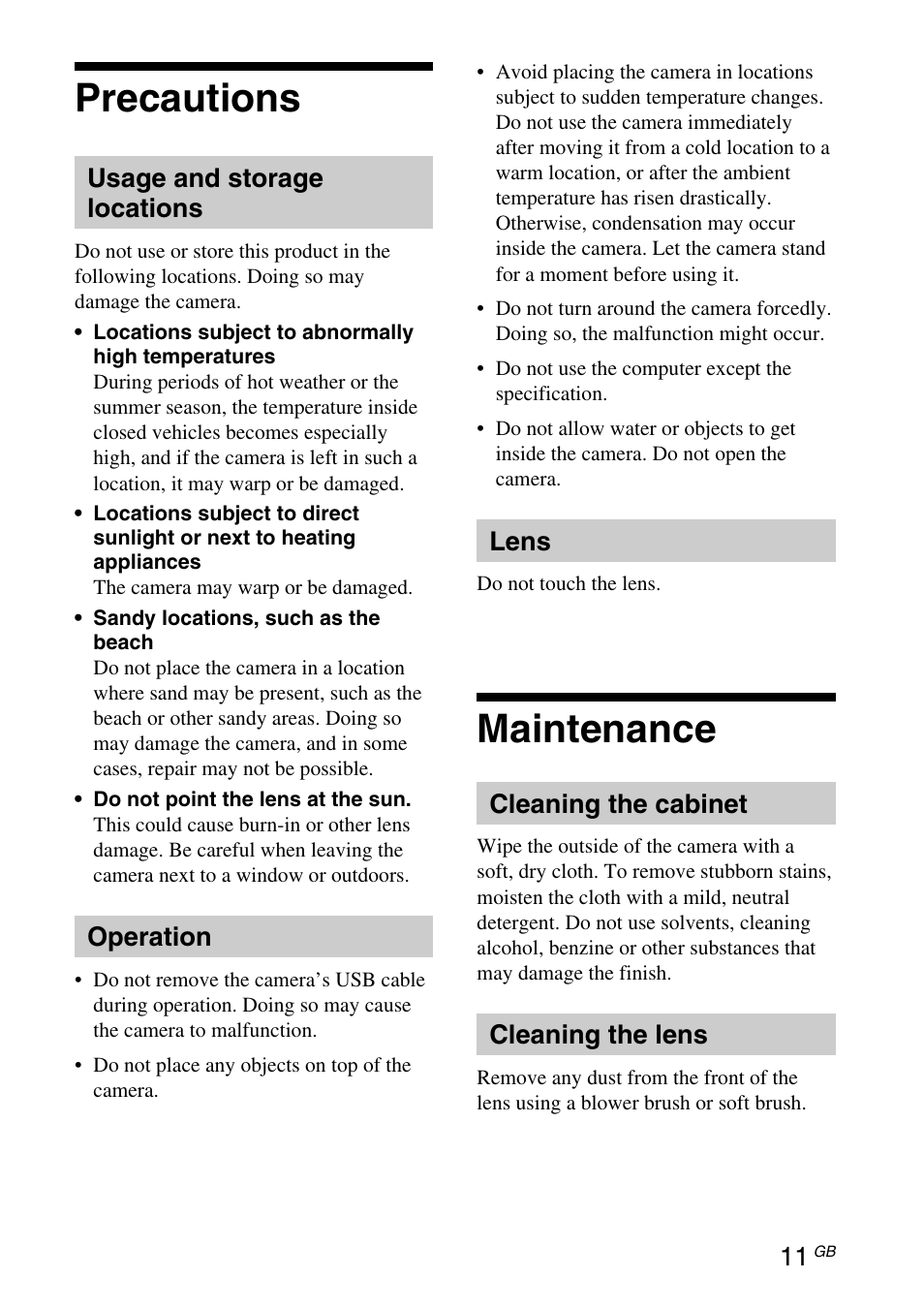 Precautions, Maintenance, Usage and storage locations | Operation, Lens, Cleaning the cabinet, Cleaning the lens | Sony VGP-UVC100 User Manual | Page 29 / 103