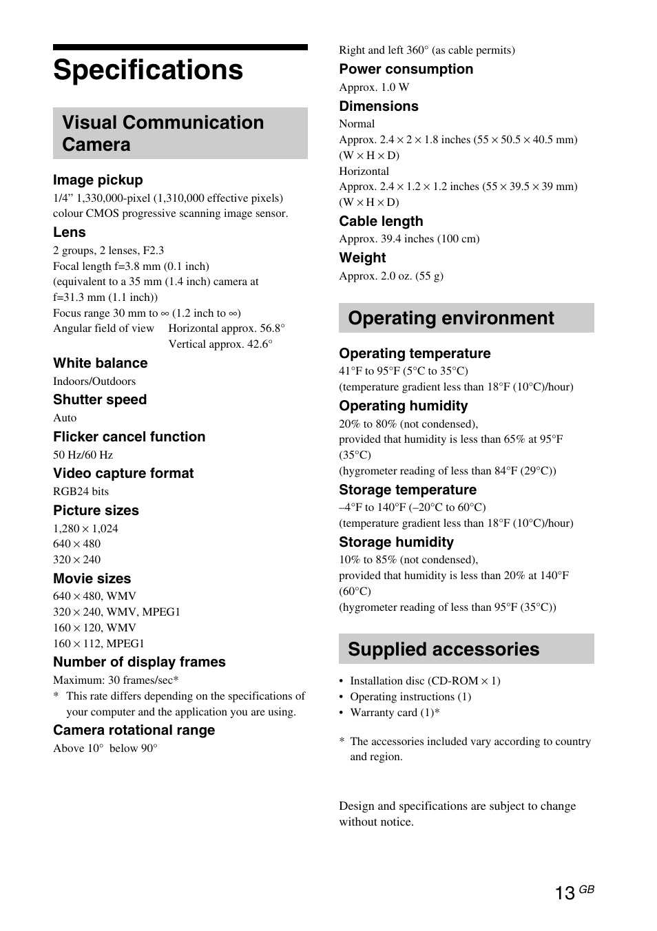 Specifications, Visual communication camera, Operating environment | Supplied accessories | Sony VGP-UVC100 User Manual | Page 31 / 103