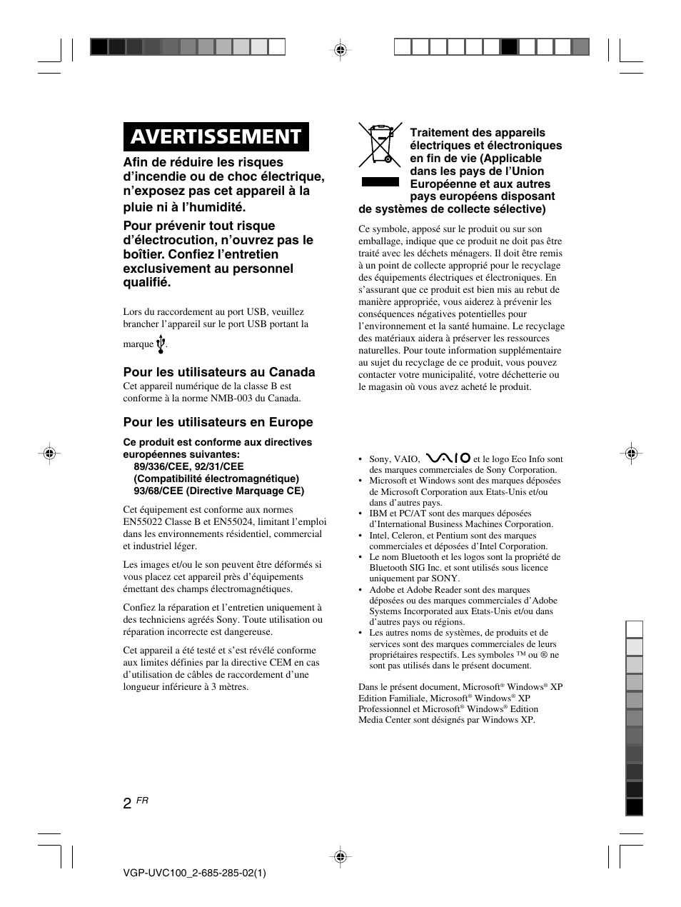 Avertissement, Pour les utilisateurs au canada, Pour les utilisateurs en europe | Sony VGP-UVC100 User Manual | Page 32 / 103