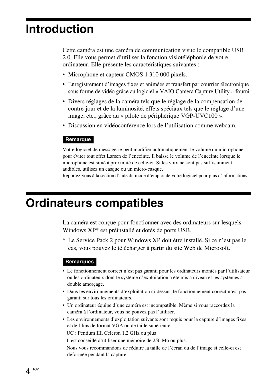 Introduction, Ordinateurs compatibles | Sony VGP-UVC100 User Manual | Page 34 / 103