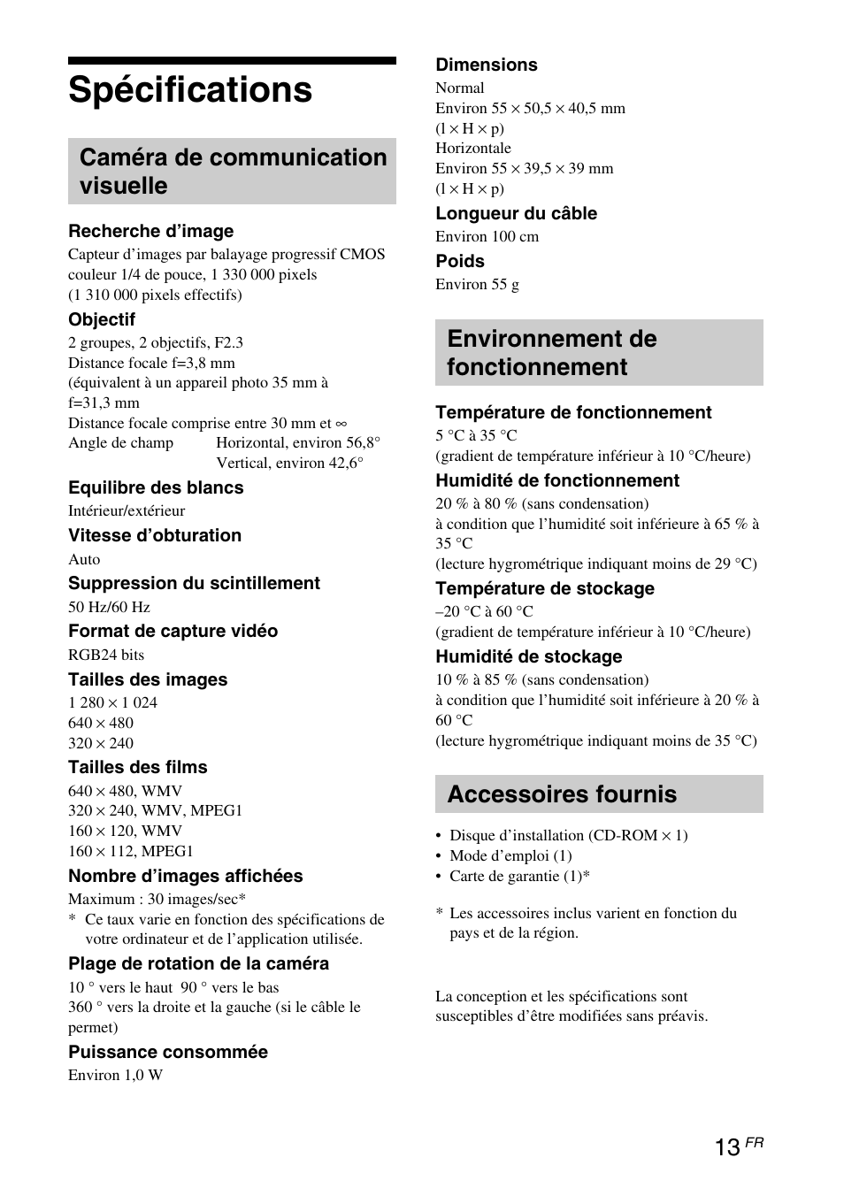 Spécifications, Caméra de communication visuelle, Environnement de fonctionnement | Accessoires fournis | Sony VGP-UVC100 User Manual | Page 43 / 103