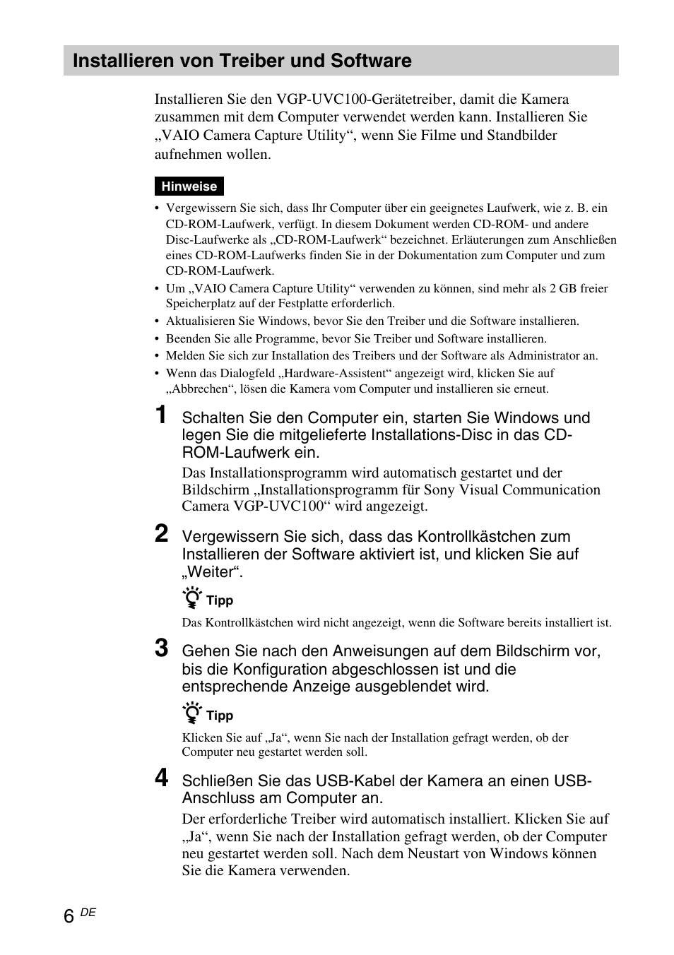 Installieren von treiber und software, Installieren von treiber und, Software | Sony VGP-UVC100 User Manual | Page 48 / 103