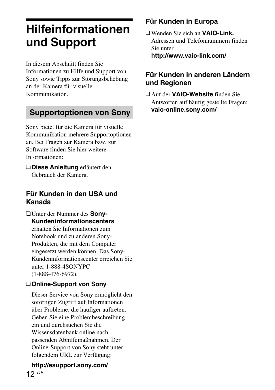 Hilfeinformationen und support, Supportoptionen von sony | Sony VGP-UVC100 User Manual | Page 54 / 103