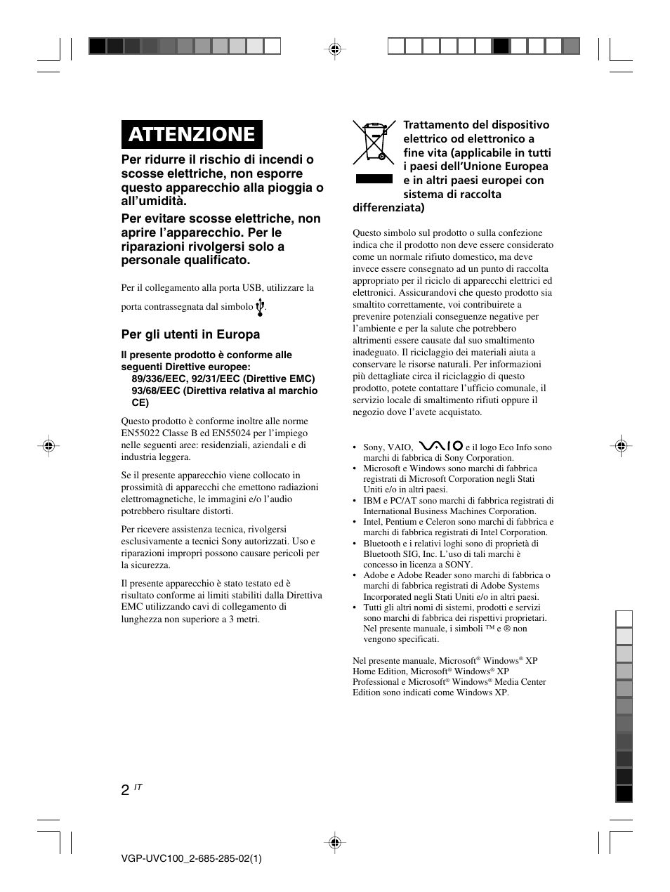 Attenzione, Per gli utenti in europa | Sony VGP-UVC100 User Manual | Page 56 / 103