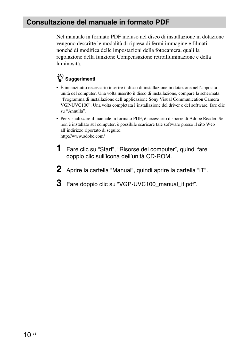 Consultazione del manuale in formato pdf, Consultazione del manuale in, Formato pdf | Sony VGP-UVC100 User Manual | Page 64 / 103